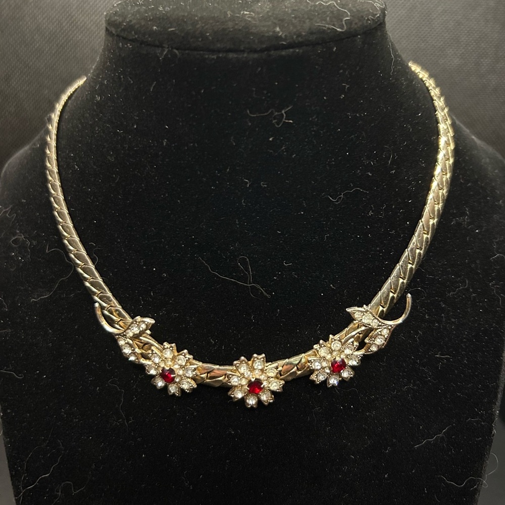 Vintage Coro Heavy Gold Chain with Gold Clear & Red Rhinestone Flowers Necklace